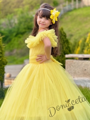 Официална дълга детска рокля Андреа в жълто без ръкав от тюл с обръч 14