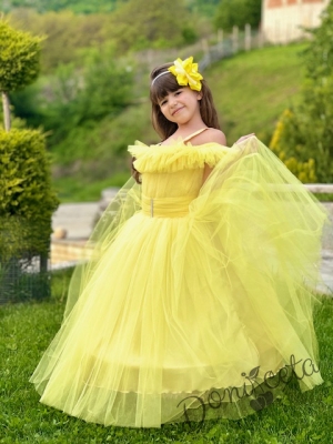 Официална дълга детска рокля Андреа в жълто без ръкав от тюл с обръч 15