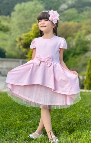 Официална или ежедневна детска рокля Надежда в розово с къс ръкав панделка и тюл 4354651