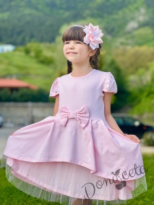 Официална или ежедневна детска рокля Надежда в розово с къс ръкав панделка и тюл 4354652