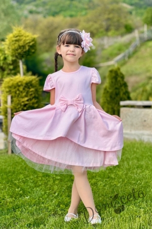 Официална или ежедневна детска рокля Надежда в розово с къс ръкав панделка и тюл 4354653