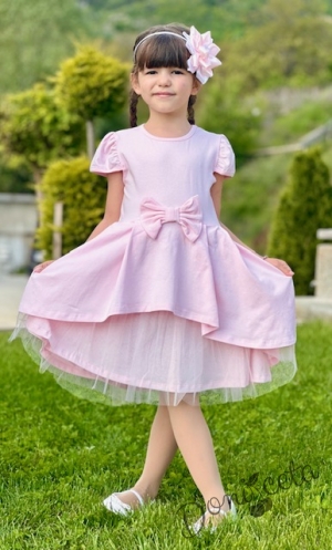Официална или ежедневна детска рокля Надежда в розово с къс ръкав панделка и тюл 4354654