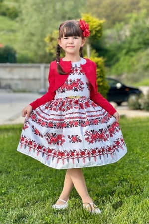 Детска рокля без ръкав с фолклорни/етно мотиви тип носия с червено болеро 8465759