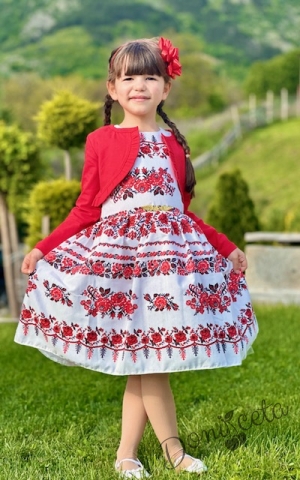 Детска рокля без ръкав с фолклорни/етно мотиви тип носия с червено болеро 84657592