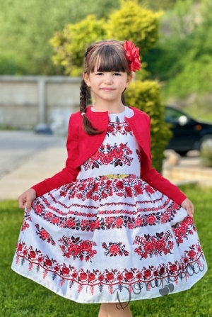 Детска рокля без ръкав с фолклорни/етно мотиви тип носия с червено болеро 84657596
