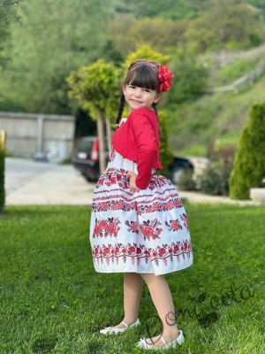 Детска рокля без ръкав с фолклорни/етно мотиви тип носия с червено болеро 84657599