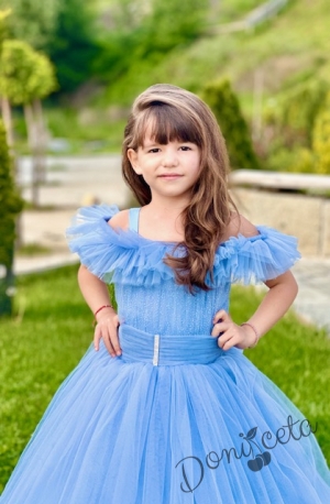 Официална дълга детска рокля в синьо с тюл с обръч Андреа