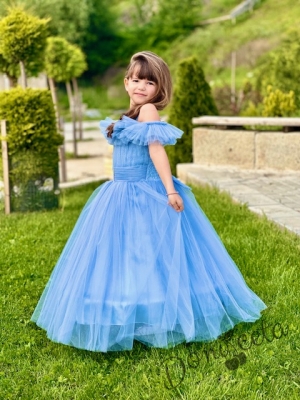 Официална дълга детска рокля в синьо с тюл с обръч Андреа