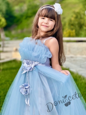Официална детска дълга рокля Анджелина в светлосиньо с тюл без ръкав с пола обръч2