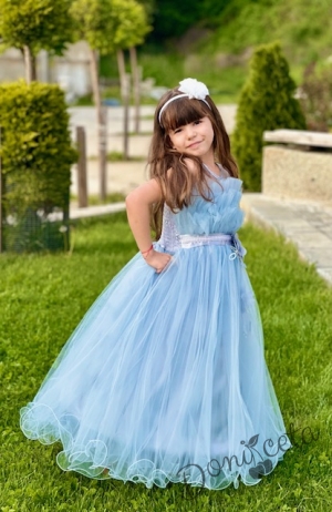 Официална детска дълга рокля Анджелина в светлосиньо с тюл без ръкав с пола обръч3