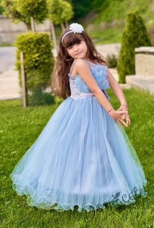Официална детска дълга рокля Анджелина в светлосиньо с тюл без ръкав с пола обръч4