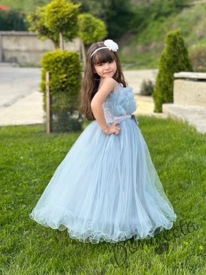 Официална детска дълга рокля Анджелина в светлосиньо с тюл без ръкав с пола обръч6