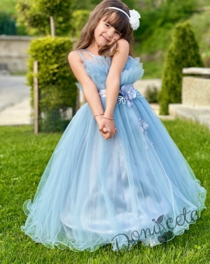 Официална детска дълга рокля Анджелина в светлосиньо с тюл без ръкав с пола обръч7