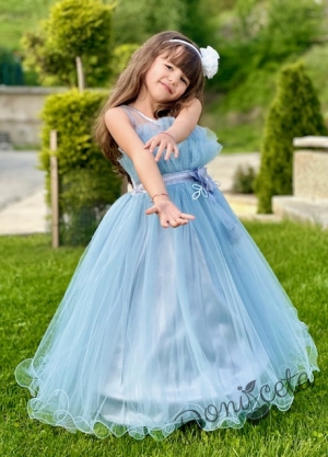 Официална детска дълга рокля Анджелина в светлосиньо с тюл без ръкав с пола обръч8