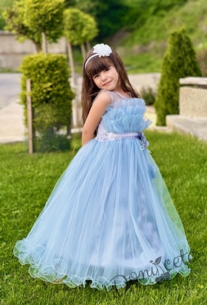 Официална детска дълга рокля Анджелина в светлосиньо с тюл без ръкав с пола обръч9