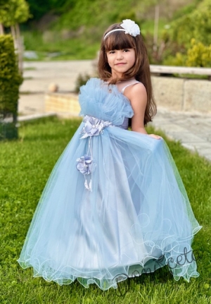 Официална детска дълга рокля Анджелина в светлосиньо с тюл без ръкав с пола обръч11