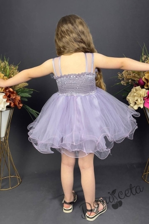 Официална детска рокля без ръкав от тюл в лилаво с дантела, цветя и къдрички в долната част 2