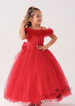 Официална дълга детска рокля в червено без ръкав от тюл с блясък с обръч Андреа 1