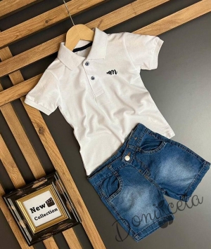 Комплект от риза с къс ръкав в бяло с емблема и къси дънкови панталони 1