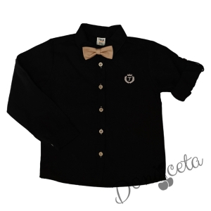 Официална детска риза с дълъг ръкав в черно с бежови папийонка и емблема 66698554