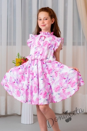 Официална/ежедневна детска рокля с къс къдрав ръкав в бяло на розови цветя Contrast