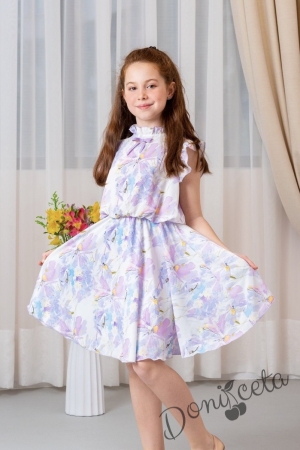 Официална/ежедневна детска рокля с къс къдрав ръкав в бяло на лилави цветя Contrast