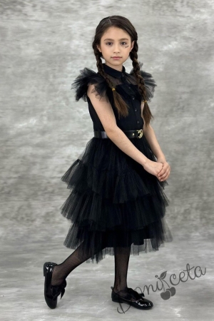 Официална детска рокля в черно с тюл на пластове, къс ръкав тип крилце и черен колан 2