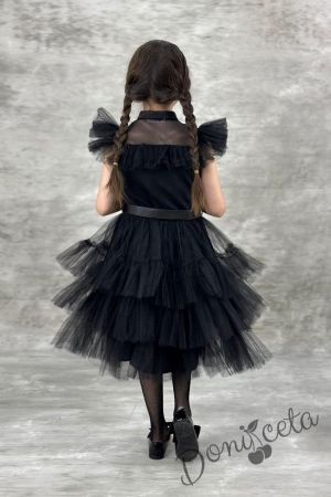 Официална детска рокля в черно с тюл на пластове, къс ръкав тип крилце и черен колан 3