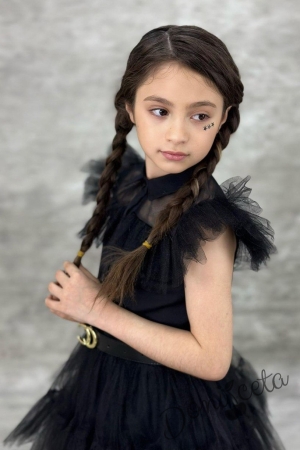 Официална детска рокля в черно с тюл на пластове, къс ръкав тип крилце и черен колан 4