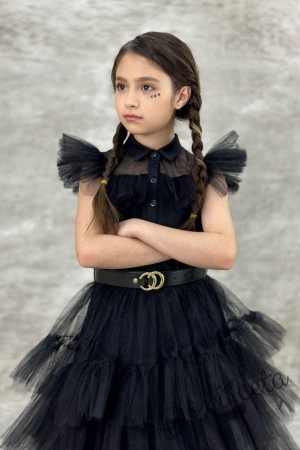 Официална детска рокля в черно с тюл на пластове, къс ръкав тип крилце и черен колан 5