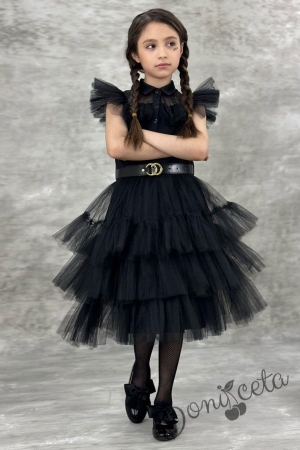 Официална детска рокля в черно с тюл на пластове, къс ръкав тип крилце и черен колан 7