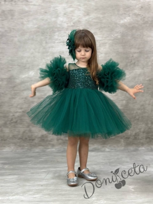 Официална детска рокля Блян с тюл и помпони в тъмнозелено с пайети Блян