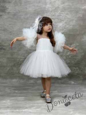 Официална детска рокля с тюл и помпони в бяло с пайети Грейс 1