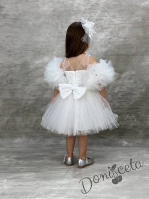 Официална детска рокля с тюл и помпони в бяло с пайети Грейс 2