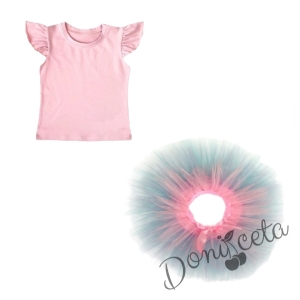 Комплект от блуза с къс ръкав тип крице в розово и туту пола пачка в  розово, светлосиньо, лилаво и тюркоаз/мента