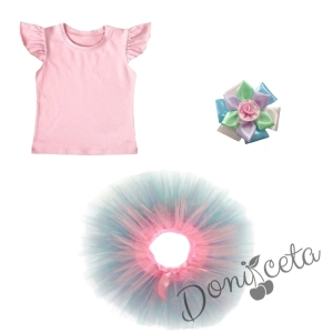 Комплект от блуза с къс ръкав тип крице в розово и туту пола пачка в  розово, светлосиньо, лилаво и тюркоаз/мента с многоцветна диадема цвете