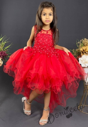 Детска рокля Карина в червено на цветя с къс ръкав и тюл с шлейф