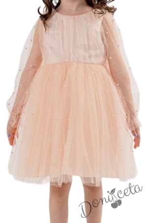 Официална детска рокля от тюл с дълъг ръкав, перли и блясък Митра в прасковено