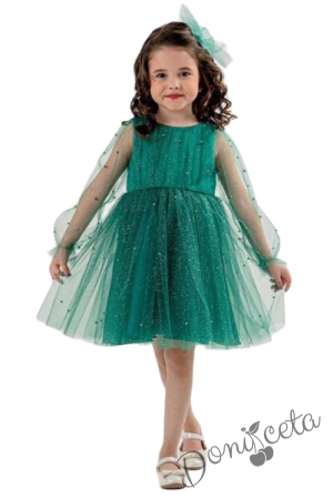 Официална детска рокля от тюл с дълъг ръкав, перли и блясък Митра в зелено
