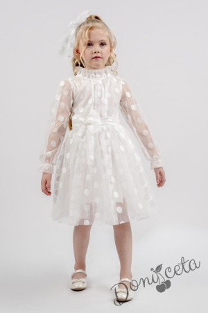 Детска официална рокля на точки в бяло от тюл, дълъг ръкав, коланче и фиба за коса Алейна 1
