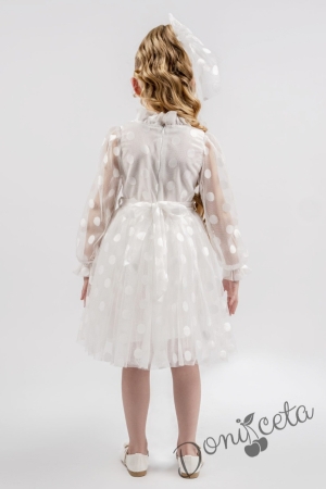 Детска официална рокля на точки в бяло от тюл, дълъг ръкав, коланче и фиба за коса Алейна 2