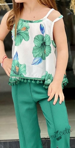 Детски комплект за момиче с дълъг панталон тип чарлстон в зелено и блуза без ръкав в бяло с ресни и цветя в зелено 3