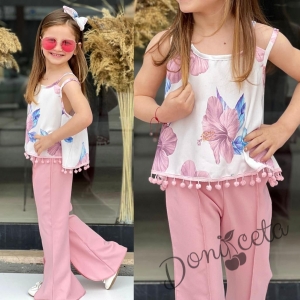 Детски комплект за момиче с дълъг панталон тип чарлстон в пудра и блуза без ръкав в бяло с ресни и цветя в пудра