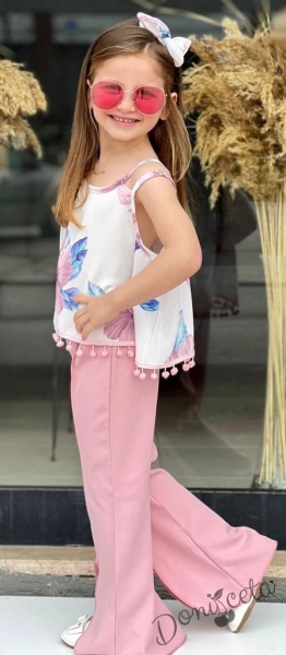 Детски комплект за момиче с дълъг панталон тип чарлстон в пудра и блуза без ръкав в бяло с ресни и цветя в пудра 3