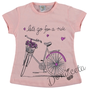 Детска тениска за момиче с къс ръкав в розово с колело и надпис