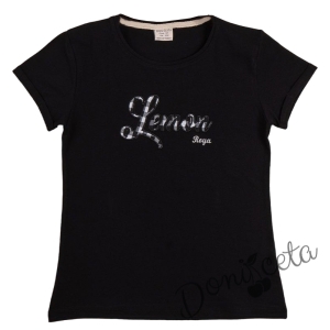 Детска тениска за момиче с къс ръкав в черно с надпис