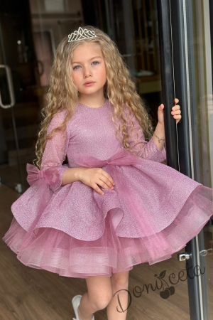 Официална детска рокля с ръкав 3/4 в розово с брокат, панделка и аксесоар корона Ария 1
