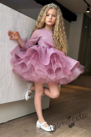 Официална детска рокля с ръкав 3/4 в розово с брокат, панделка и аксесоар корона Ария 2