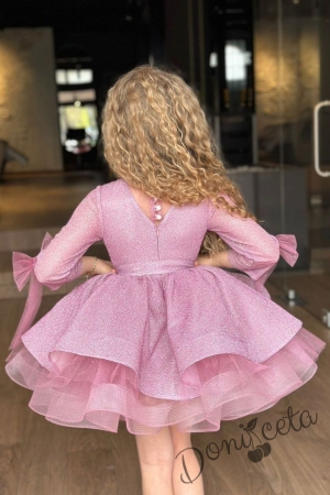 Официална детска рокля с ръкав 3/4 в розово с брокат, панделка и аксесоар корона Ария 3
