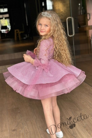 Официална детска рокля с ръкав 3/4 в розово с брокат, панделка и аксесоар корона Ария 4